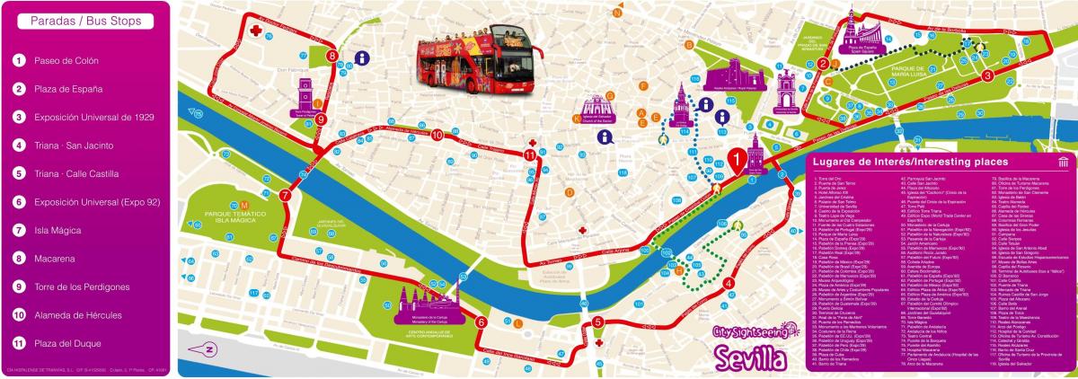 Plan du Hop On Hop Off bus tours de Seville